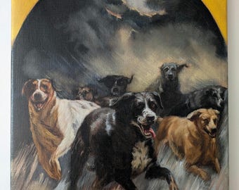 Original Ölgemälde Hunde | Hunde in Bewegung, Gelber Bogen Detail, Leinwand 11x14