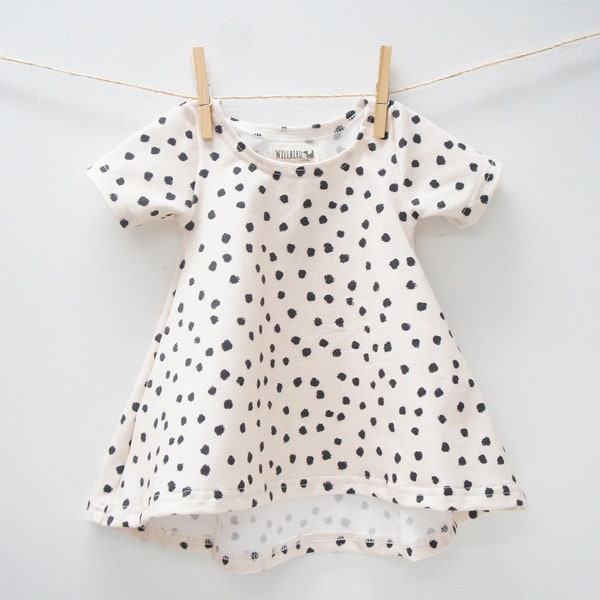 Dress- Baby/Toddler/Kids - CHICKADEE Swing Dress, DOTTIE, black polka dots on cream