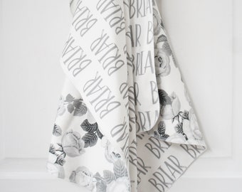 Blanket - Personalized Reversible Organic Cotton Name Blanket, made to order, any name available, grey/gray floral,  monochrome