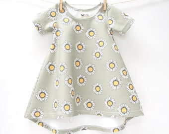 Dress- Baby/Toddler/Kids - CHICKADEE Swing Dress, Boho daisies on sage green