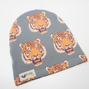 Hat Unisex Baby/Toddler/Kids cotton Slouchy Beanie Hat, TIMOTHY the tiger print, tigers on grey/blue, orange, animal print image 1