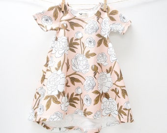 Dress- Baby/Toddler/Kids - CHICKADEE Swing Dress, Peonies on pink