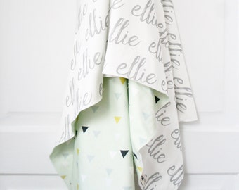 Blanket - Personalized Reversible Organic Cotton Name Blanket, made to order, any name available, grey and mint,  triangles