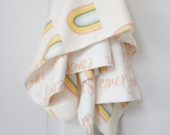 Blanket - Personalized Reversible Organic Cotton Name Blanket, made to order, any name available, rainbows, STELLA print, coral