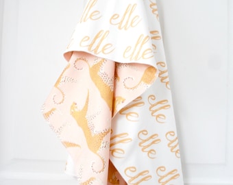 Blanket - Personalized Reversible Organic Cotton Name Blanket, made to order, any name available, leopards on blush