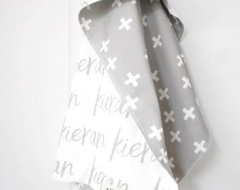 Blanket - Personalized Reversible Organic Cotton Name Blanket, made to order, any name available, grey crosses, swaddle, newborn