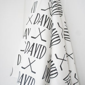 Blanket - Personalized Organic Cotton Name Blanket, made to order, any name avail, black and white, hockey sticks, kids, swaddle, newborn