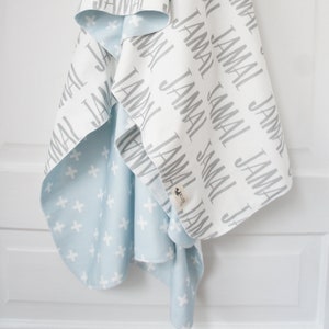 Blanket Personalized Reversible Organic Cotton Name Blanket, made to order, any name available, grey and blue, swaddle, newborn image 2