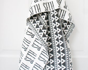 Blanket - Personalized Reversible Organic Cotton Name Blanket, made to order, any name available, black and white,  monochrome