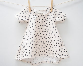 Dress- Baby/Toddler/Kids - CHICKADEE Swing Dress, DOTTIE, black polka dots on cream