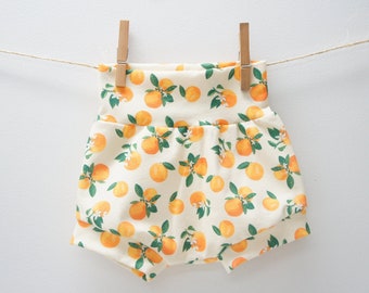 Shorties - Baby/Toddler Cotton Spandex Shorties, orange blossom print, citrus, green, tropical, beach