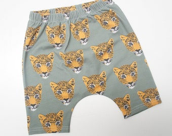 Unisex Baby/Toddler Cotton Spandex Harem Shorties, LEROY the leopard, leopard print, mustard and grey, animal print, wild, cheetah