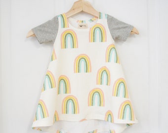 Dress- Baby/Toddler/Kids - CHICKADEE Swing Dress, STELLA print, mod rainbows on off white