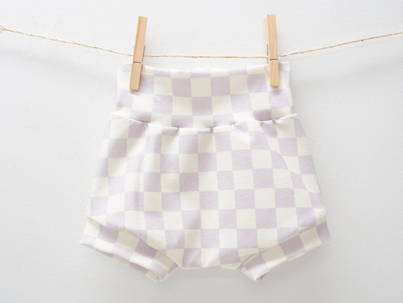 Shorties Baby/Toddler Cotton Spandex Shorties, boho check in lavender, summer, shorts, BUMMIES image 1