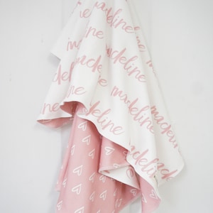 Blanket - Personalized Reversible Organic Cotton Name Blanket, made to order, any name available, pink hearts