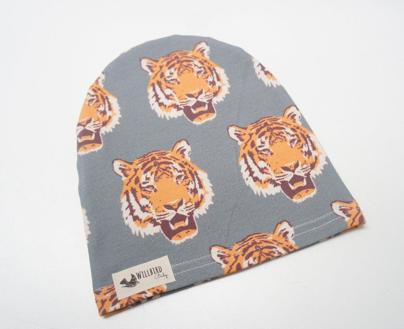 Hat Unisex Baby/Toddler/Kids cotton Slouchy Beanie Hat, TIMOTHY the tiger print, tigers on grey/blue, orange, animal print image 1