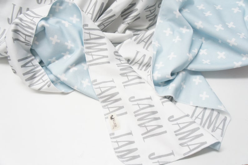 Blanket Personalized Reversible Organic Cotton Name Blanket, made to order, any name available, grey and blue, swaddle, newborn image 1