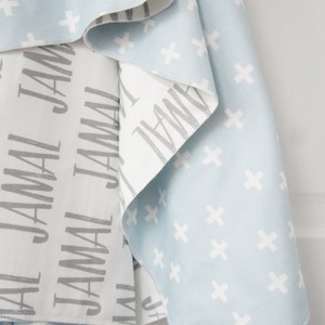 Blanket Personalized Reversible Organic Cotton Name Blanket, made to order, any name available, grey and blue, swaddle, newborn image 3
