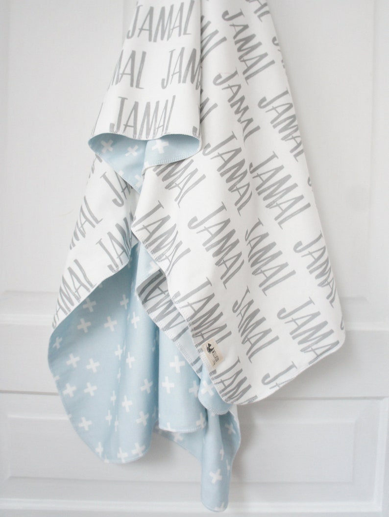 Blanket Personalized Reversible Organic Cotton Name Blanket, made to order, any name available, grey and blue, swaddle, newborn image 2