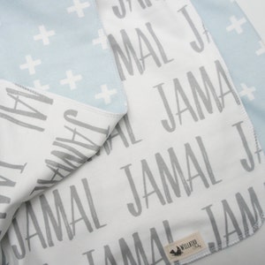 Blanket Personalized Reversible Organic Cotton Name Blanket, made to order, any name available, grey and blue, swaddle, newborn image 4