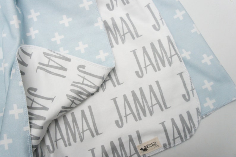 Blanket Personalized Reversible Organic Cotton Name Blanket, made to order, any name available, grey and blue, swaddle, newborn image 4