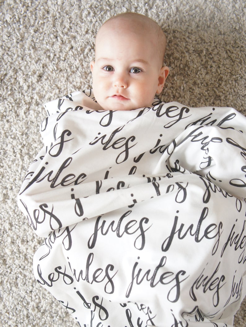 Blanket Personalized Organic Cotton Name Blanket, made to order, any name available, black and white, kids room, nursery, swaddle, newborn image 7