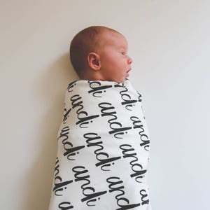 Blanket Personalized Reversible Organic Cotton Name Blanket, made to order, any name available, grey and blue, swaddle, newborn image 6