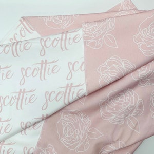 Blanket - Personalized Reversible Organic Cotton Name Blanket, made to order, any name available, Abstract roses, pink floral