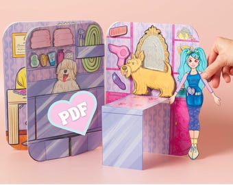 Dog Salon Paper Dollhouse Quiet Book | Printable 3D Craft Kit (Digital Download)