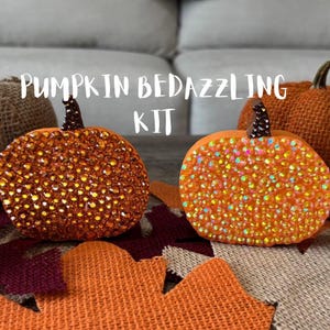 May include: Two decorative pumpkin shapes featuring the text PUMPKIN BEDAZZLING KIT. The left pumpkin is covered in dark orange rhinestones with a brown stem, while the right pumpkin features iridescent light orange rhinestones and a brown stem.