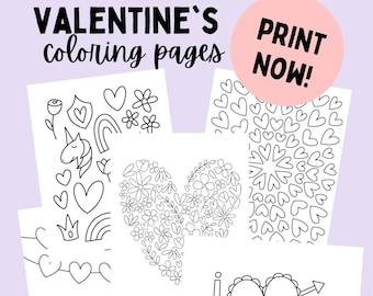 May include: Five black and white printable colouring pages with Valentine's Day themes. The pages feature a unicorn, a heart made of flowers, a heart with an arrow, a garland of hearts, and a heart with the words "I love you".