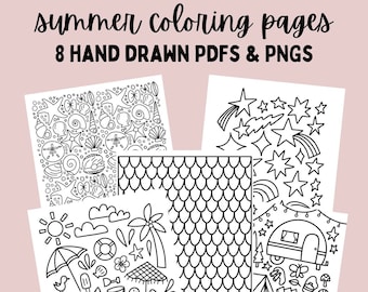 May include: Eight black and white coloring pages featuring summer themes. The pages include images of seashells, stars, a mermaid tail, a beach scene, a camping scene, and more.