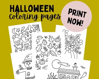 May include: Four black and white printable Halloween coloring pages. The pages feature a scarecrow, a haunted house, a ghost, a pumpkin, and fall leaves. The text "PRINT NOW!" is in a pink circle at the top of the image. The text "bloom away studio" is at the bottom of the image.