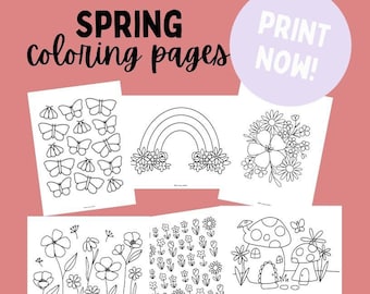 May include: Five black and white printable coloring pages with spring themes. The pages feature butterflies, a rainbow, flowers, a mushroom house, and a field of flowers.