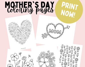 May include: Four black and white printable coloring pages featuring floral designs. The pages include a heart made of flowers, a heart with an arrow and the word "MOM", a bouquet of flowers, and a sheet of individual flowers.