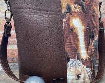 Kangaroo leather Shoulder Bag /Tote with Horse Print Fabric Accent Panel