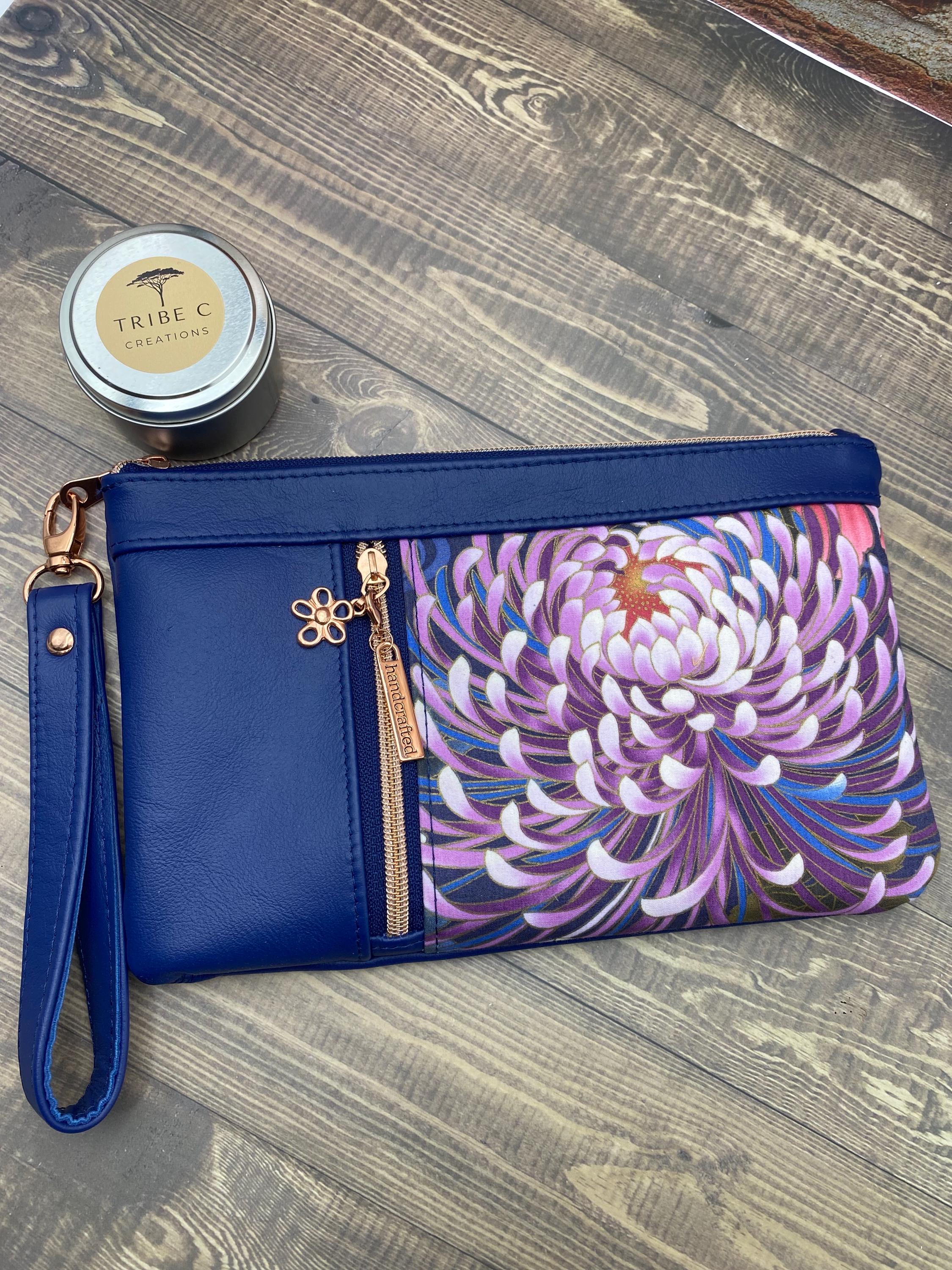 Elegant Blue Kangaroo Leather Clutch /Wristlet with Floral accent panel
