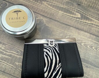 Black Leather Mini Bifold wallet with Zebra print accent