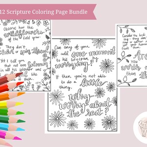 May include: A set of three printable coloring pages featuring inspirational quotes from the Bible, Luke 12. Each page features a different quote with a floral design. The quotes are: "Observe how the wildflowers of the field grow. They don't labor or spin thread...", "Can any of you add one moment to his lifespan by worrying? If then you're not able to do a little thing, why worry about the rest?", and "Consider the birds of the sky: they don't sow or reap or gather into barns, yet your heavenly Father feeds them. Aren't you worth more than they?"