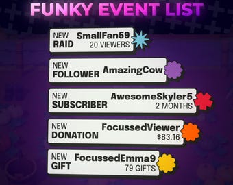Funky Event List for Twitch | Show Alerts for Longer | Donations Cheers Follows & More | Neobrutalism Design | Cool Animations