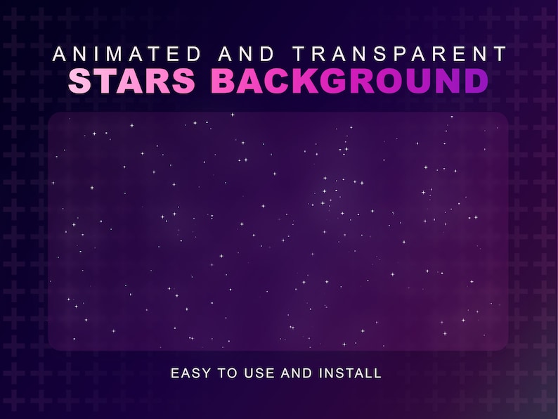 Puede incluir: Fondo animado y transparente con un degradado morado y estrellas blancas. El texto "Animated and Transparent Stars Background" est&aacute; en la parte superior de la imagen y el texto "Easy to use and install" est&aacute; en la parte inferior de la imagen.