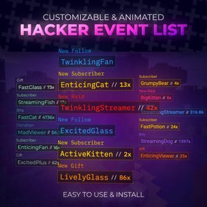 May include: A digital graphic with the text "HACKER EVENT LIST" in purple and white. The image lists various event notifications, including "TwinklingFan," "EnticingCat," and "TwinklingStreamer," with associated numbers. The design is labeled "Customizable & Animated."