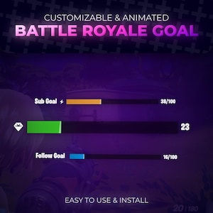 Puede incluir: Un gráfico digital con el texto "CUSTOMIZABLE & ANIMATED BATTLE ROYALE GOAL". Presenta barras de progreso para objetivos secundarios, de seguimiento y otros, con valores numéricos e indicadores de progreso. El diseño está sobre un fondo púrpura.