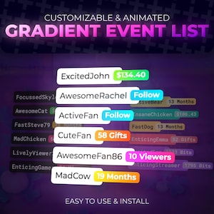 以下が含まれることがあります： 「CUSTOMIZABLE & ANIMATED GRADIENT EVENT LIST」のテキストが入ったデジタルグラフィック。画像には、ドル金額、「フォロー」ボタン、ギフト数などの関連データを含む名前のリストが、グラデーションの背景に対して表示されています。