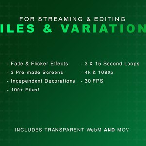 K&ouml;nnte beinhalten: Gr&uuml;ner Hintergrund mit wei&szlig;en Pluszeichen. Der Text lautet "FOR STREAMING & EDITING FILES & VARIATIONS". Die aufgef&uuml;hrten Funktionen umfassen: Fade & Flicker Effects, 3 Pre-made Screens, Independent Decorations, 100+ Files!, 3 & 15 Second Loops, 4k & 1080p, 30 FPS. Der Text unten lautet "INCLUDES TRANSPARENT WebM AND MOV".