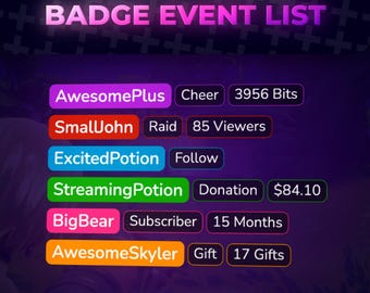 Badge Event List for Twitch, Streamelements & OBS | Display All Alerts and Events like Donations Subs Follows and more!