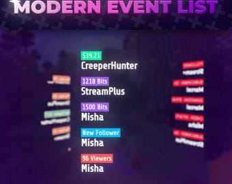 Modern Event List | Streamelements Latest Events | Twitch | Alert Viewers | Donations Sub Gifts & More | Clean Animated Design | Vtube Ready
