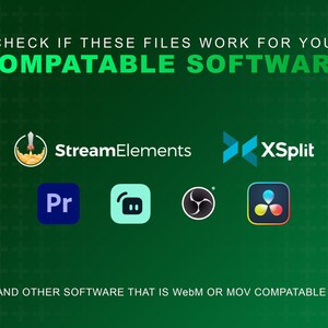 K&ouml;nnte beinhalten: Gr&uuml;ner Hintergrund mit wei&szlig;en Pluszeichen. Der Text lautet "&Uuml;berpr&uuml;fen Sie, ob diese Dateien f&uuml;r Sie funktionieren. Kompatible Software."  Logos f&uuml;r Stream Elements, XSplit, Premiere Pro, Discord, OBS Studio und DaVinci Resolve werden angezeigt. Der Text unten lautet "Und andere Software, die mit WebM oder MOV kompatibel ist."