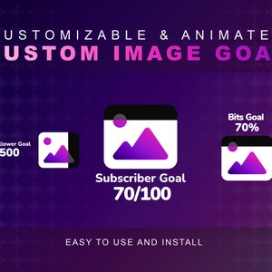 May include: A purple and white animated image goal tracker with three different goals: follower, subscriber, and bits. The follower goal is set at 3500, the subscriber goal is at 70/100, and the bits goal is at 70%.