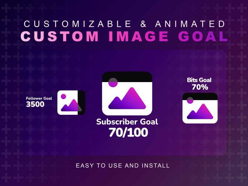 May include: A purple and white animated image goal tracker with three different goals: follower, subscriber, and bits. The follower goal is set at 3500, the subscriber goal is at 70/100, and the bits goal is at 70%.